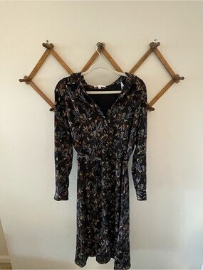 DR2 Black Floral Long-Sleeve Button Dress with Belt